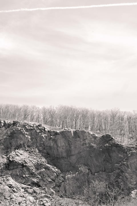 A rocky cliff topped with bare winter trees beneath a pale sky crossed by aeroplane contrails.