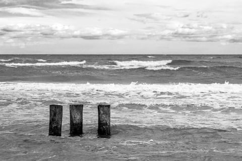 Black and white seascape with waves rolling toward weathered posts.
